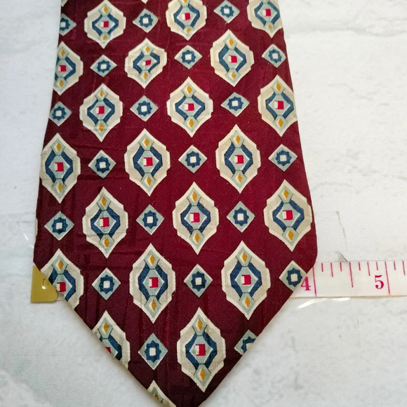 Countess Maria Silk Necktie Tie Red Maroon Blue Off White Geometric 58" x 4 - Picture 7 of 8
